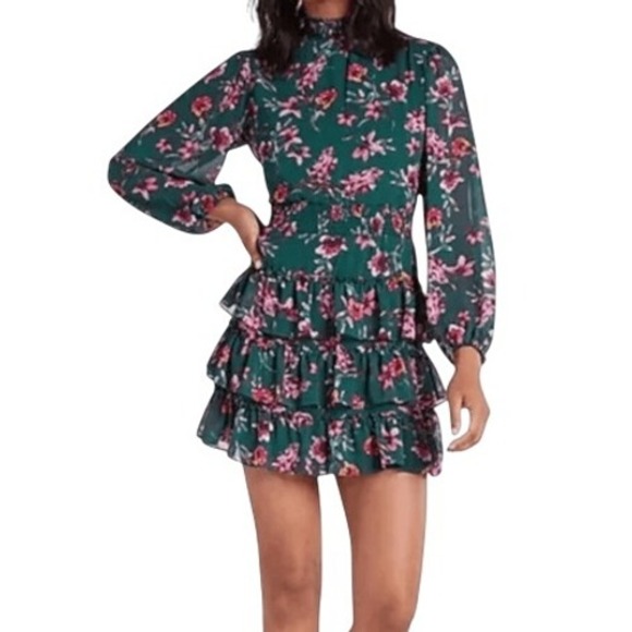 EXPRESS Floral Print Smocked Neck L/S Tiered Ruffle Trim Dress NWOT $88  XXS - Picture 1 of 8
